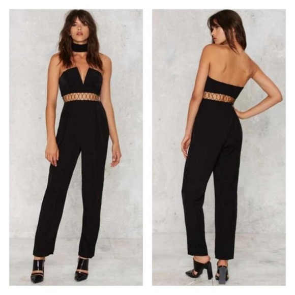 Stylestalker Pants - Stylestalker Black Glory Strapless Cutout Pleated Slim Straight Leg Jumpsuit M